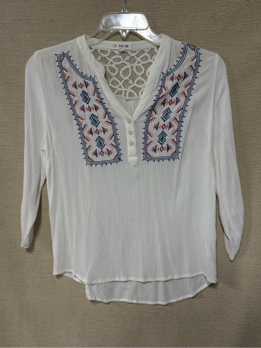 Active USA White Embroidered Split-Neck Tunic with Navy and Coral Accents